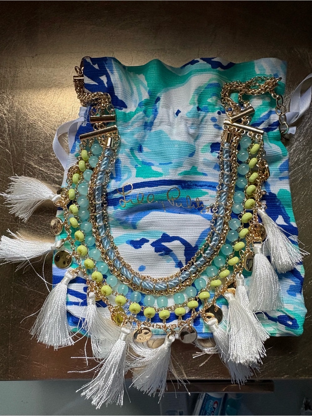 Lilly Pulitzer Turquoise & Lime Beaded Tassel Statement Necklace